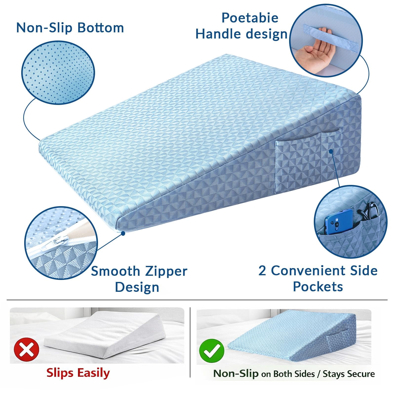 Wedge Pillow 7.5" Bed After  Memory Foam Triangle Incline For Support Leg Elevation(blue)