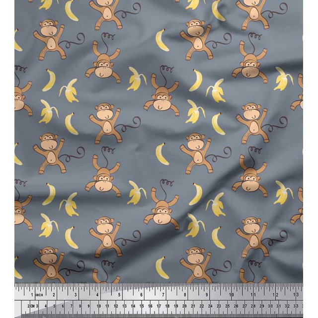 Soimoi Rayon Fabric Banana & Monkey Kids Print Fabric by Yard 42 Inch Wide