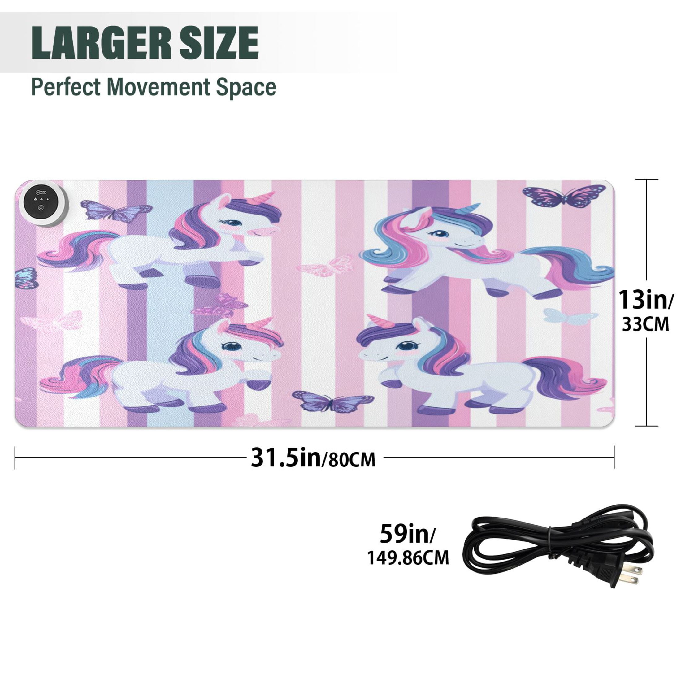 Large Heated Desk Mat Mouse Pad 31.5"x13"PU Leather Graphene Heating Desk Warmer with 3 Temperature Settings 110V US Plug Non-Slip Warm Pad for Home, Office, and Gaming Cute Pastel Unicorn Stripe