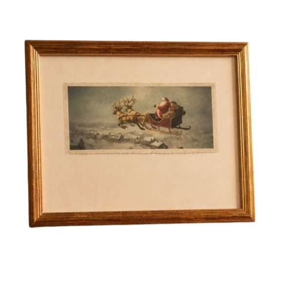 Framed Santa Sleigh Christmas Wall Art, Vintage Deckled Watercolor Print Gold Frame Festive