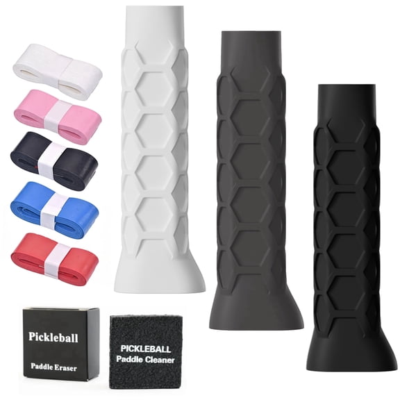 Pickleball Grip Tape 3-Pack (Black White Gray)   5 Multi-Color Shock Absorber Rings, Premium PU Overgrip, Anti-Slip Sweat-Wicking