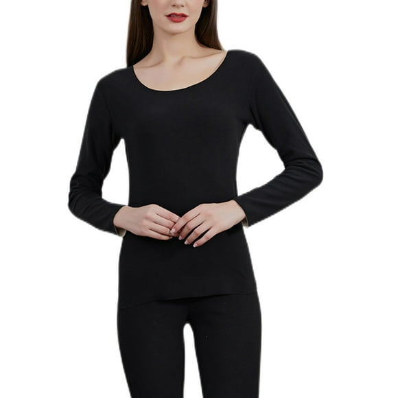 Avamo Unisex Adults Stretch Solid Color Top And Bottom Suits Winter Crew Neck Thermal Underwear Women's Black L