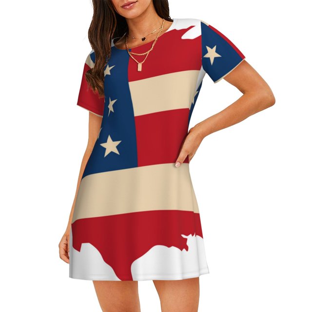 Balery American Flag Map Camisón de manga corta con cuello redondo para mujer, cómodo y elegante.