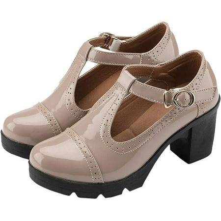 

Women s Classic T-Strap Platform Mid-Heel Square Toe Oxfords Dress Shoes