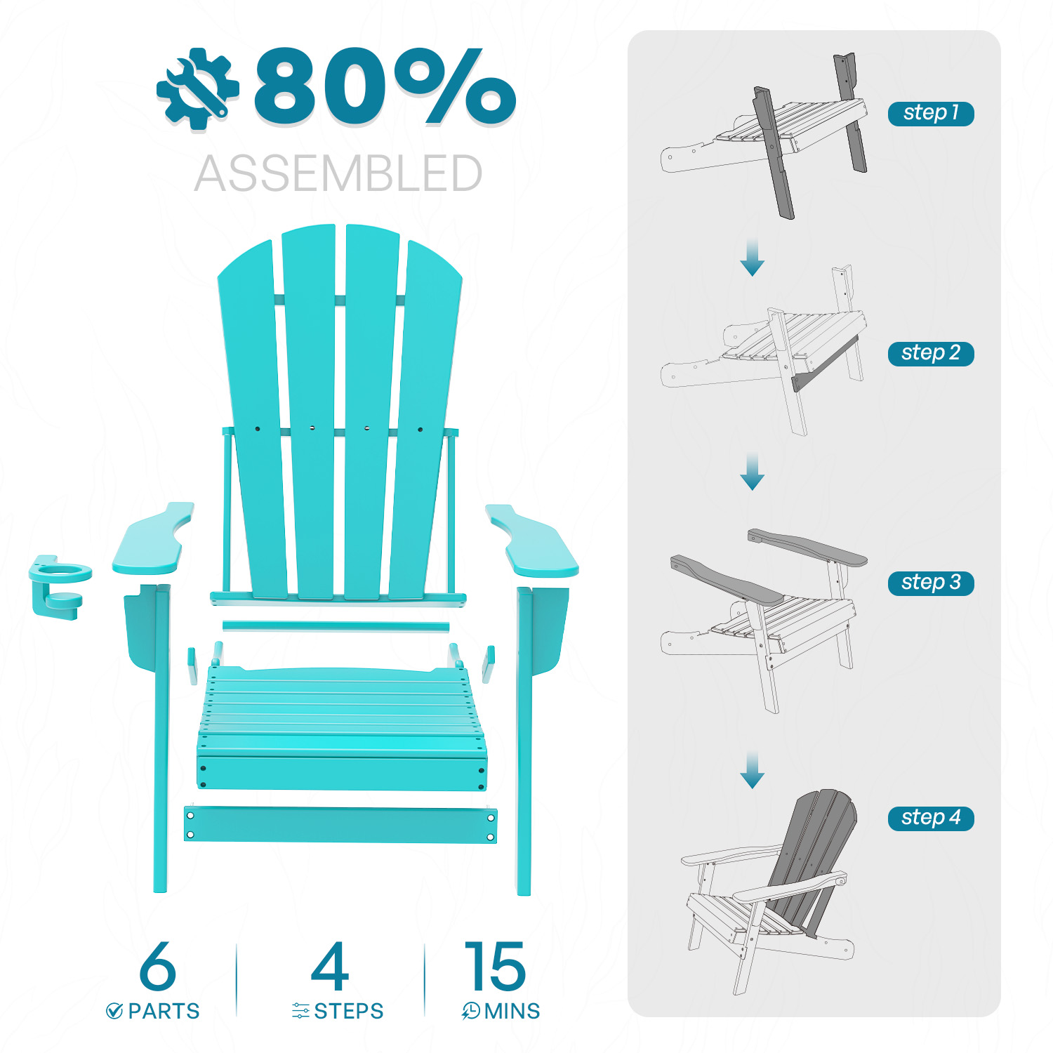 FURRYFECTION Folding Adirondack Chair Set of 2 with Cup Holder,All-Weather HDPE Outdoor Fir Pit Chairs for Patio Garden Backyard,Aqua