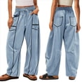thumbnail image 2 of Pantalones de Mujer Holgados de Pierna , Estilo Palazzo, Informales, con Cordón en la Cintura y Bolsillos. Azul XL, 2 of 6