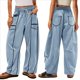 thumbnail image 2 of Pantalones de Mujer Holgados de Pierna , Estilo Palazzo, Informales, con Cordón en la Cintura y Bolsillos. Azul S, 2 of 6