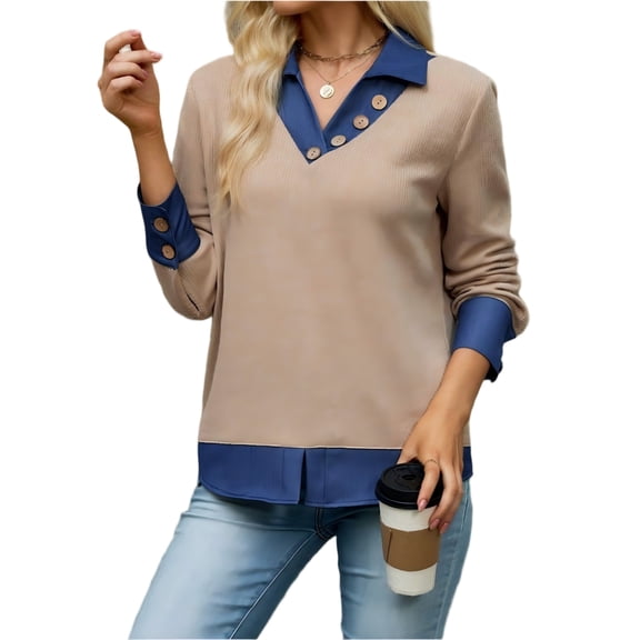 Wevis Women's Patch Denim Collar Knit Sweater Button Down Long Sleeve Autumn Blouse Casual Layered Look Fall Pullover Tops