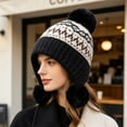 thumbnail image 6 of AVRNLIQ Womens Knit Beanie with Ear Flaps Fair Isle Pom Pom Winter Hat Black, 6 of 6