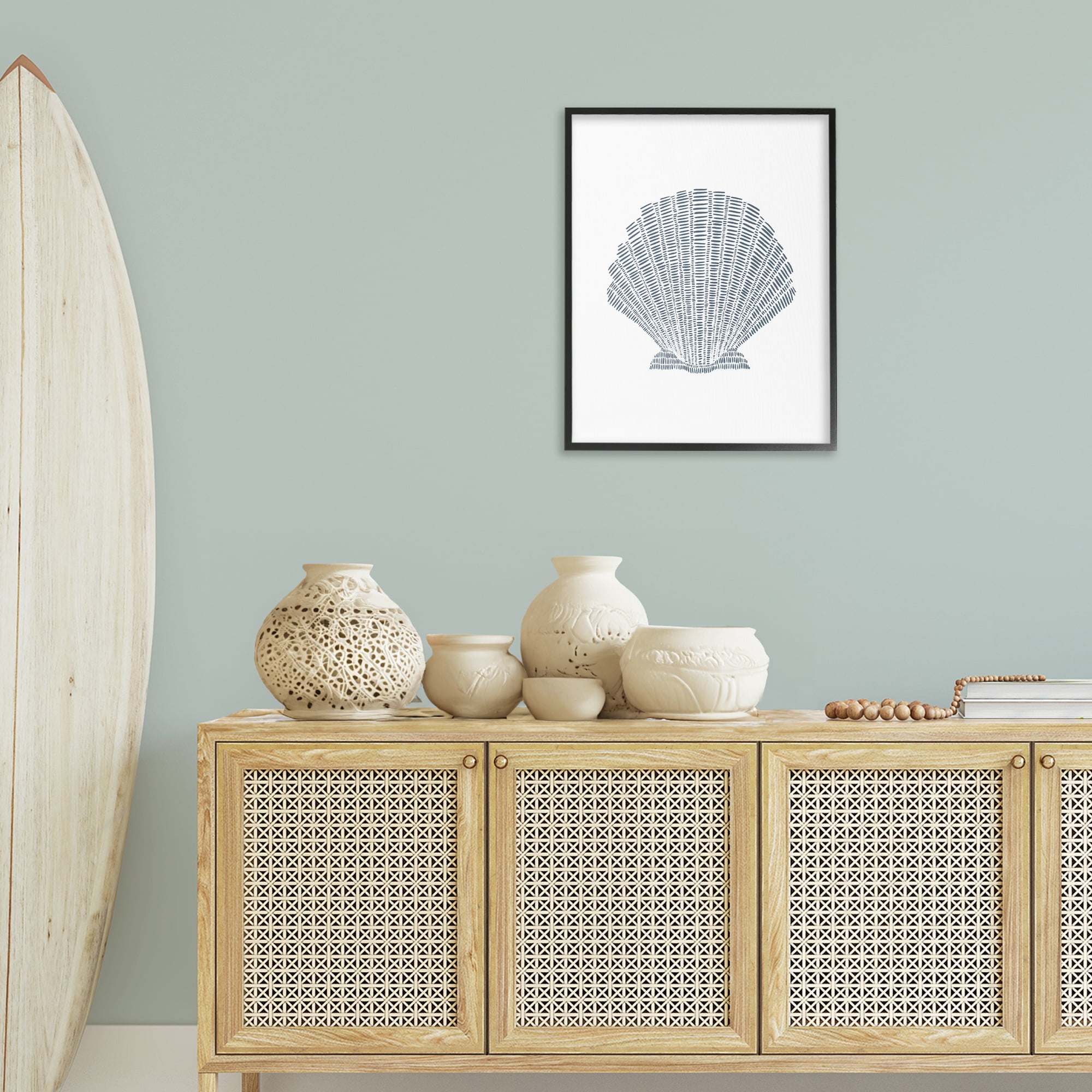 Stupell Industries Minimal Sea Shell Coastal Painting Black Framed Art Print Wall Art, 24 x 30