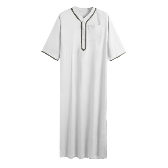 JAJAHO Mens Thobe Arab Robe Casual Loose Fit Half Sleeve Retro V Neck Abaya Pocket Ankle Length Kaftan For Men