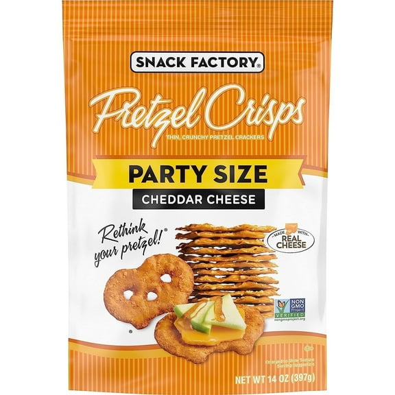 Snack Factory Pretzel Crisps, Cheddar Cheese, Party Size, 14 oz Pack of 2