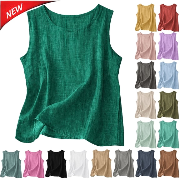 Tqyyweavej Plus Size Tank Tops for Women Linen Oversized Sleeveless Baggy Shirt Tight Basic Solid Color Crew Neck Summer Shirts