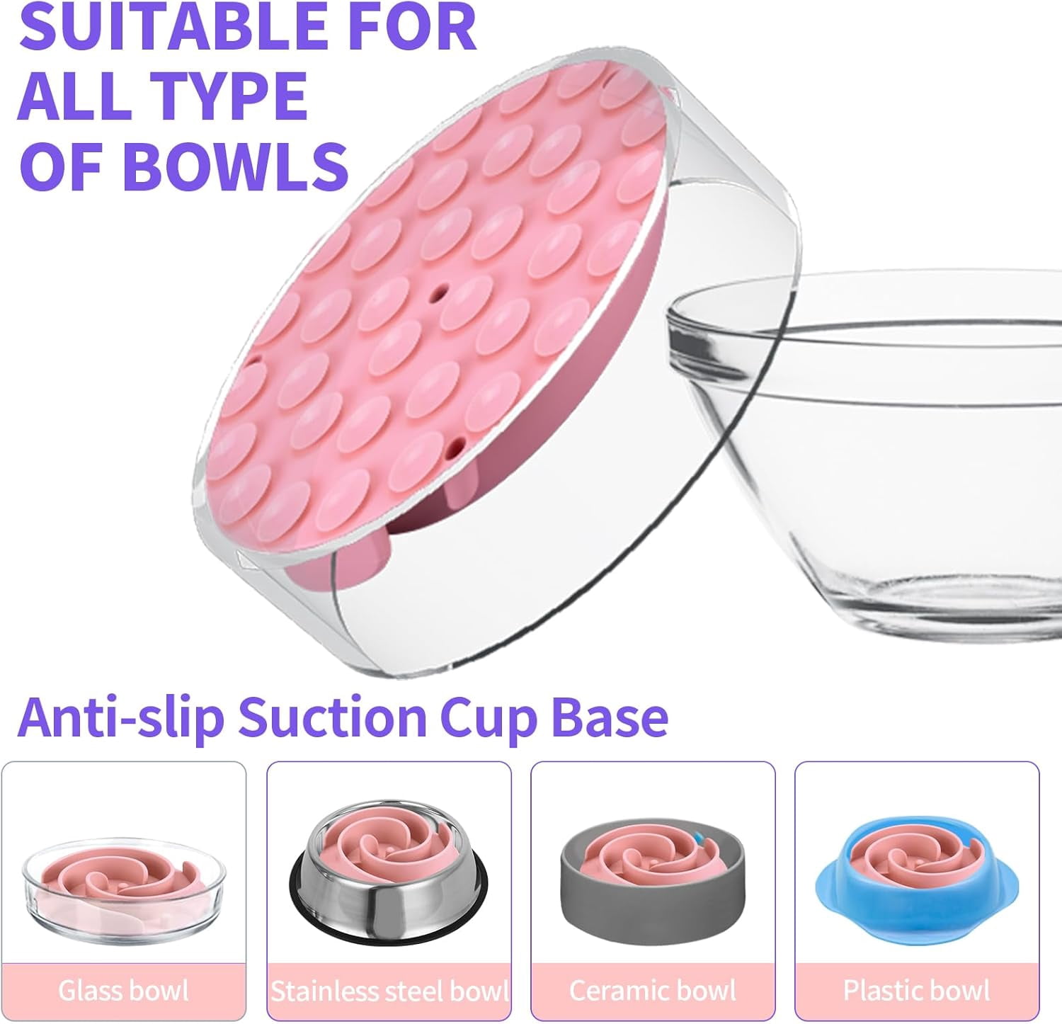 Slow Feeder Dog Bowls Insert,  Soft Silicone Slow Eating Feeder Insert with Suction Cups for Small, Medium and Large Dogs, Fit into Basic and Elevated Dog Bowls, Pink Pink,S