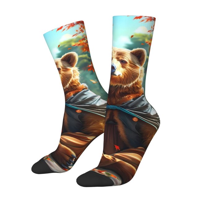 Fotbe Maple Meditating Bear Calcetas Largas con Estampado para Hombre y Mujer – Calcetas de Compresión Transpirables y Elásticas, Viajar y Uso Diario Talla 5-11