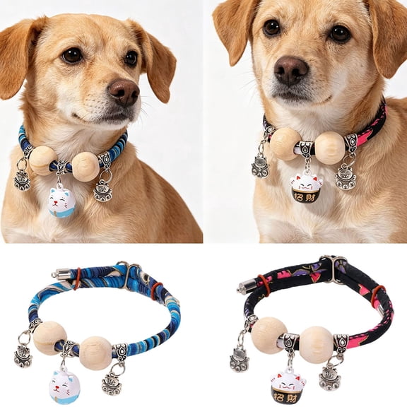Kimono Cedar Bead Pet Collar Adjustable Fabric Necklace with Fortune Charm, Chew Resistant Natural Insect Repellent Collar for Dogs Cats Indoor Outdoor Use