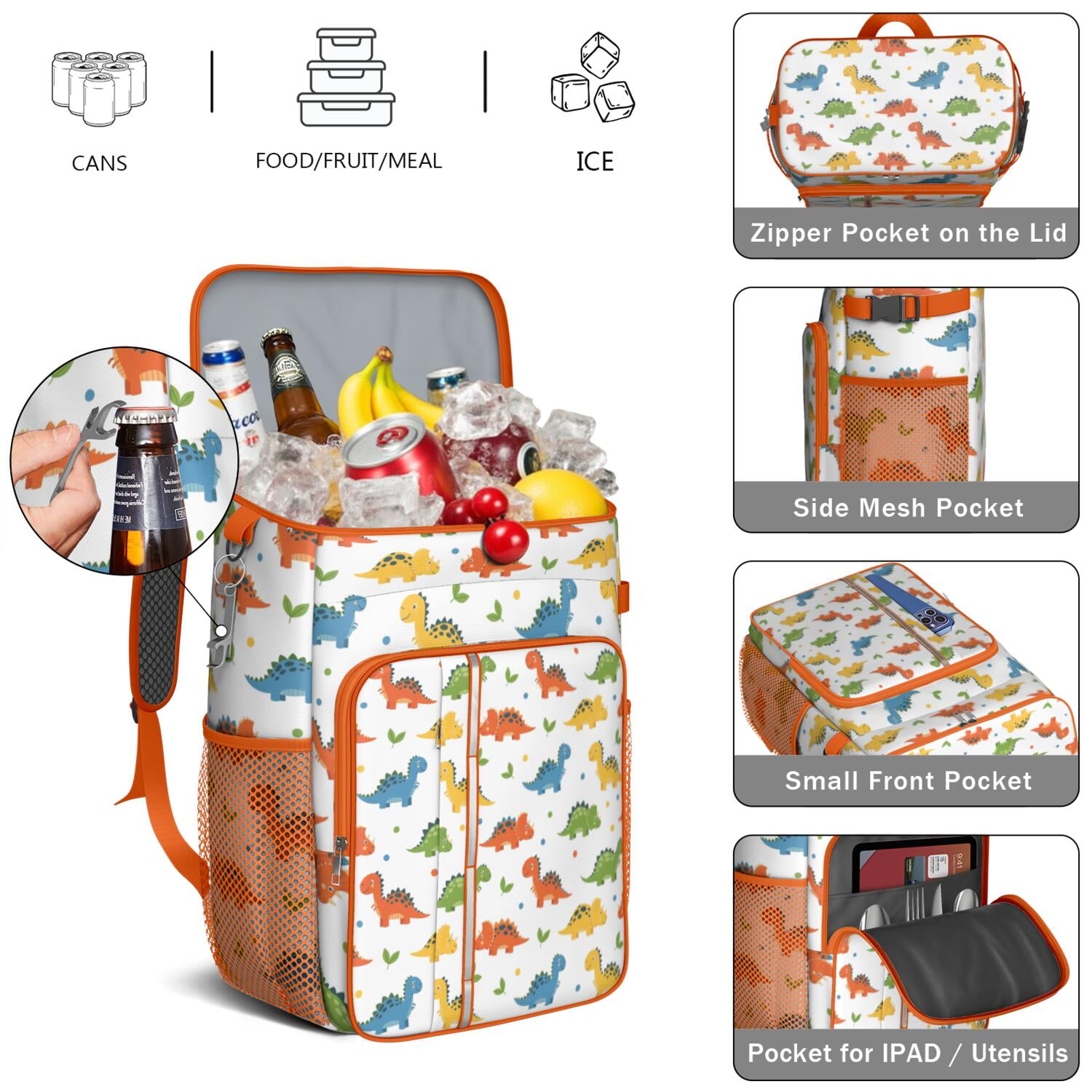 Travel Cooler Bag - White Cartoon Dinosaurs Leaves Pattern Camping Beer Cooler Backpack with Bottle Opener- Waterproof Insulated Picnic Backpacks - Cooler Bag for Beach