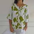 thumbnail image 2 of Holzkary Summer Linen Shirts for Women Henley Button Down V Neck 3/4 Sleeve T-Shirt Blouse Casual Loose Basic Printed Tunic Tops 2025 Cotton Linen Tshirt Tops Summer V Neck Tops Green 3Xl, 2 of 6