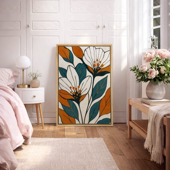 Framed Canvas Print Abstract Floral Wall Art Boho Botanical Decorative for Living Room Bedroom - 16"x24" NATURAL