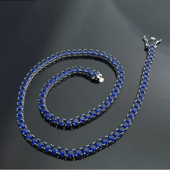 NYS Jewellers 12Ctw Round Cut Diamond Unisex Blue Sapphire Wedding Tennis Necklace 14K White Gold Plated 925 Sterling Silver