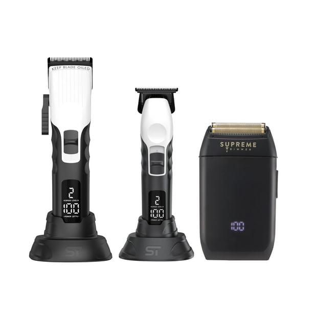Paquete de barbero Supreme Trimmer 3 en 1 | Cortapelos de 2 velocidades, recortadora de 2 velocidades y afeitadora Crunch Foil | Kit profesional de cortapelos para hombre | Blanco