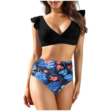 QLEICOM Womens Swimsuits Tummy Control Plus Size Swimsuit Coverup Bikini Set Swimwear Sexy Bra Swimwear Beachwea Black S