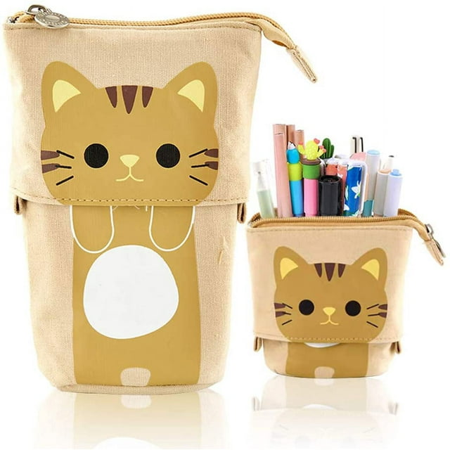 Transformer Stand Store Portalápices Canvas + PU Cartoon Cute Cat Telescopic Pencil Pouch Bag Papelería Pen Case Box con cierre de cremallera Adepaton LRWJ409-5