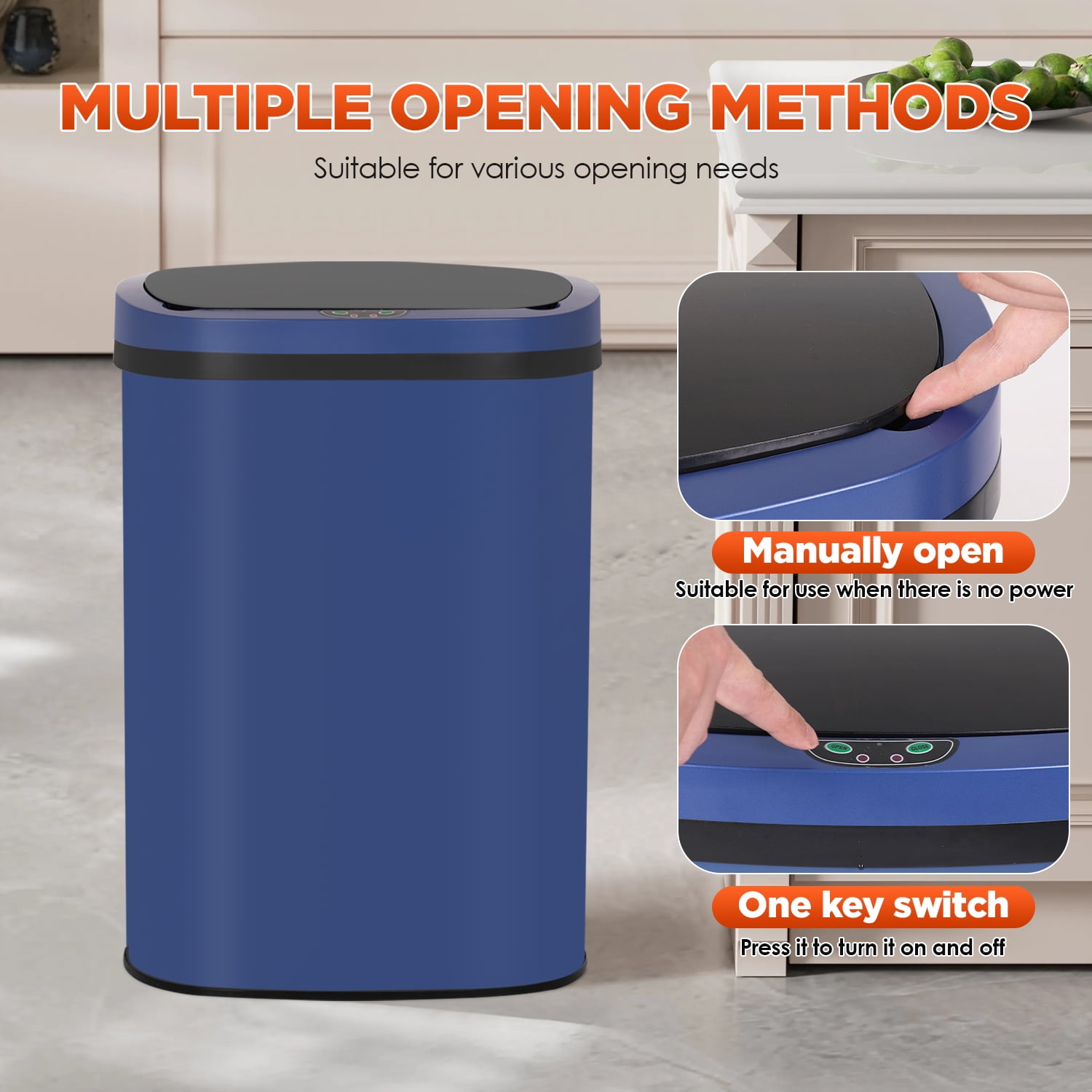 PayLessHere 13Gal Touchless Trash Can - Stainless Steel w/Auto Lid, Deep Blue