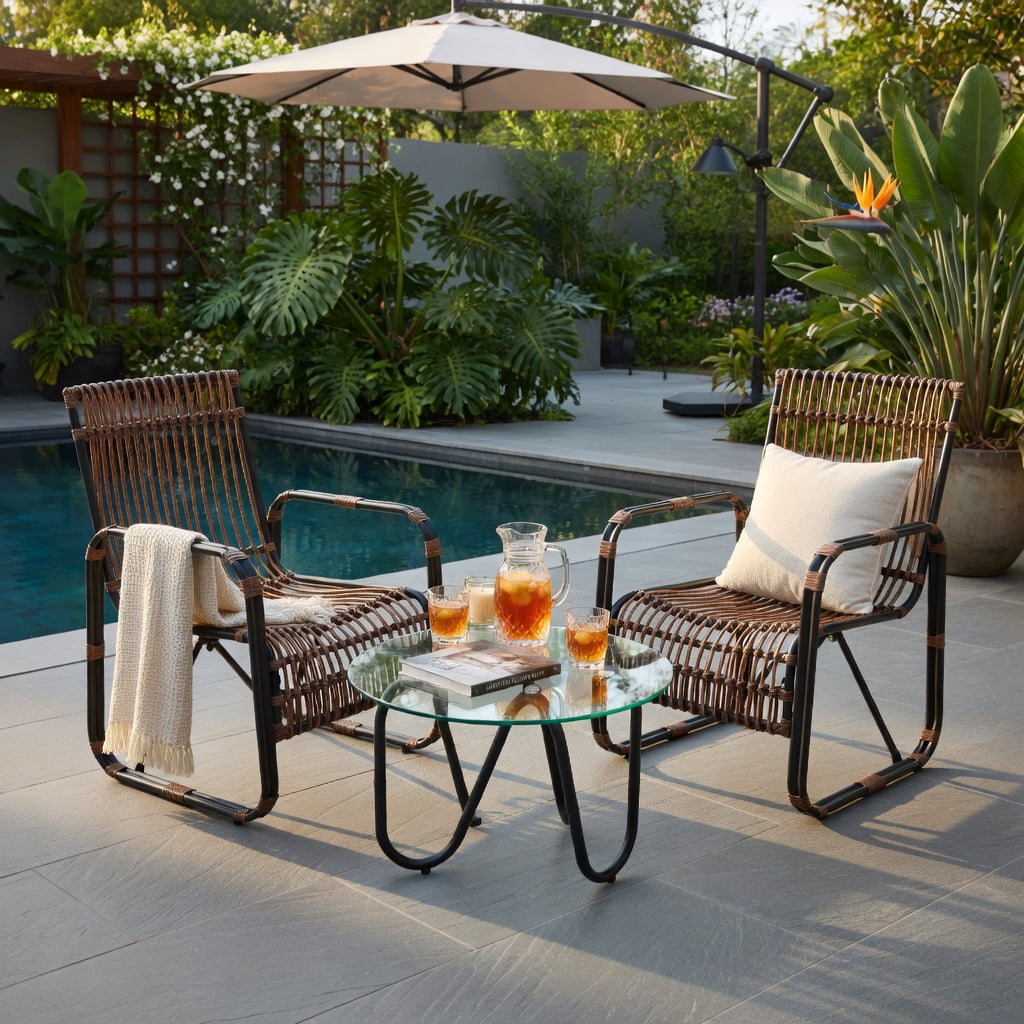 Hommoo 3-Piece Outdoor Rattan Patio Furniture Set, 2 Ergonomic Wicker Chairs + Tempered Glass Side Table for Balcony, Garden & Poolside， Brown & Black