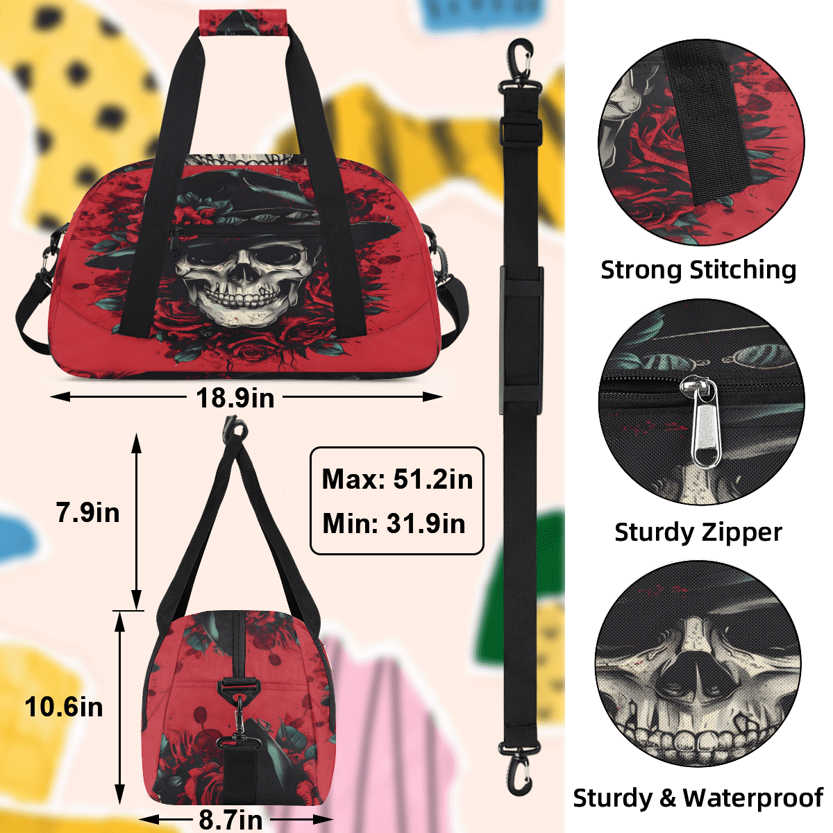 Herdesigns Gothic Skull Skeleton Sports Duffle Bag for Women & Men, Red Rose Gym Bag Dance Bag Overnight Bag Carry On Weekender Travel Bag