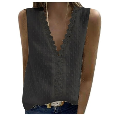 

Fsqjgq Women Running Top Color V-Neck Top Fashion Solid T-Shirt Lace Sleeveless Casual Tank Women s Blouse Bra Shirts Women Cotton Black Xl