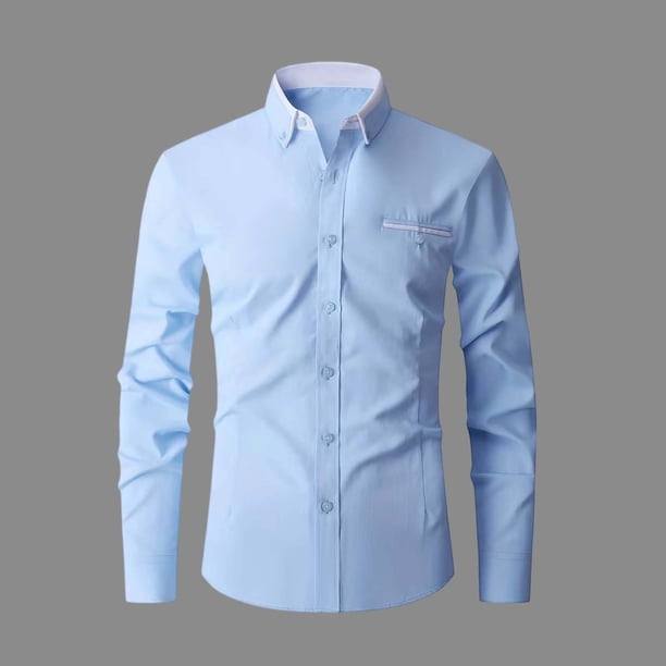 Ceisia Contrast Panel Stand Collar Shirt Men's Slim Fit Long Sleeve Casual Button-Down Top with Pocket Light Blue L Gifts