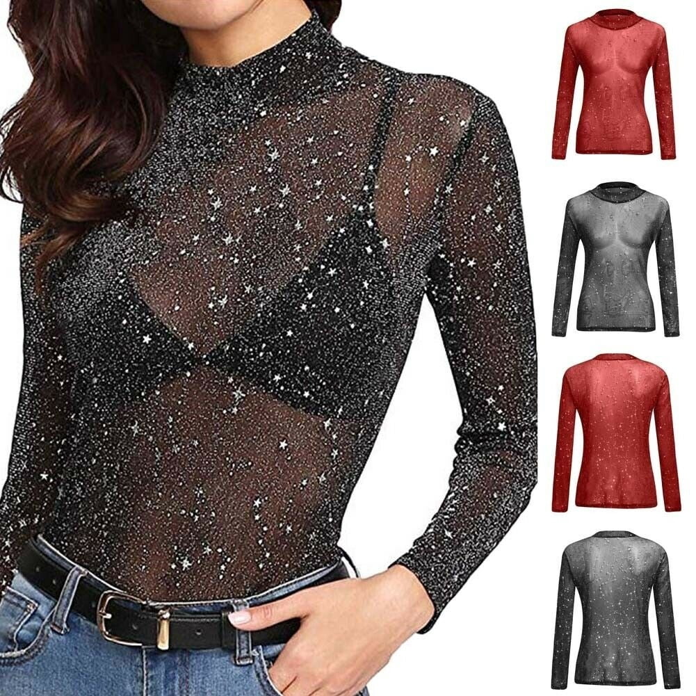 Women Sexy Sparkle Mesh Sheer See 