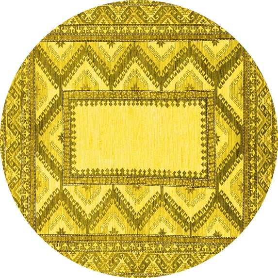 Ahgly Company Machine Washable Indoor Round Abstract Yellow Modern Area Rugs, 3' Round