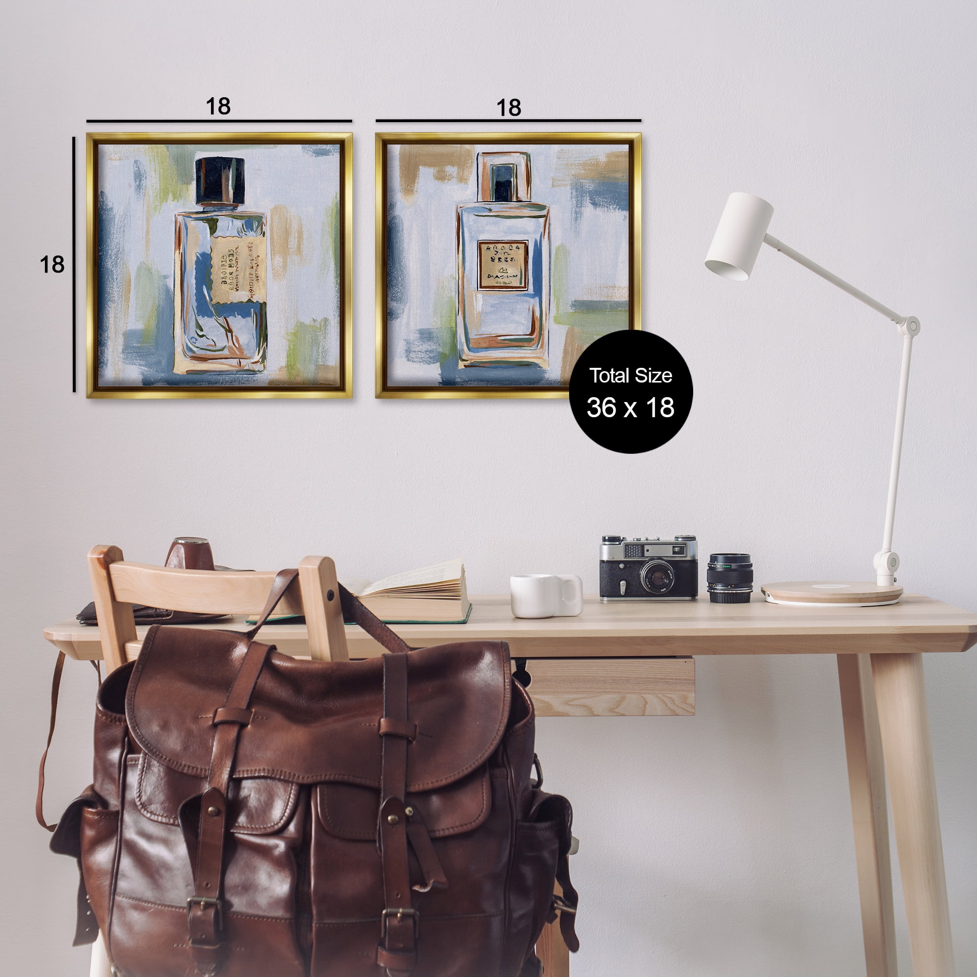 Stupell Industries Abstract Cologne Perfume Bottle Fashion Painting Gold Floater Framed Canvas Art Print Wall Art, 18 x 18, Set of 2