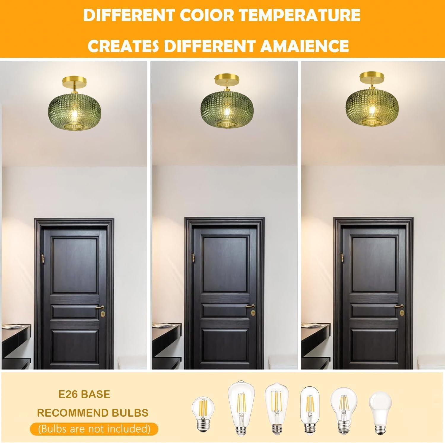 Semi Flush Mount Ceiling Light Fixture,Hallway Light Fixtures,Vintage Globe Glass Ceiling Fixture with Green Shade,Kitchen Ceiling Light Fixture,Farmhouse Ceiling Lighting for Bathroom Entryway Porch