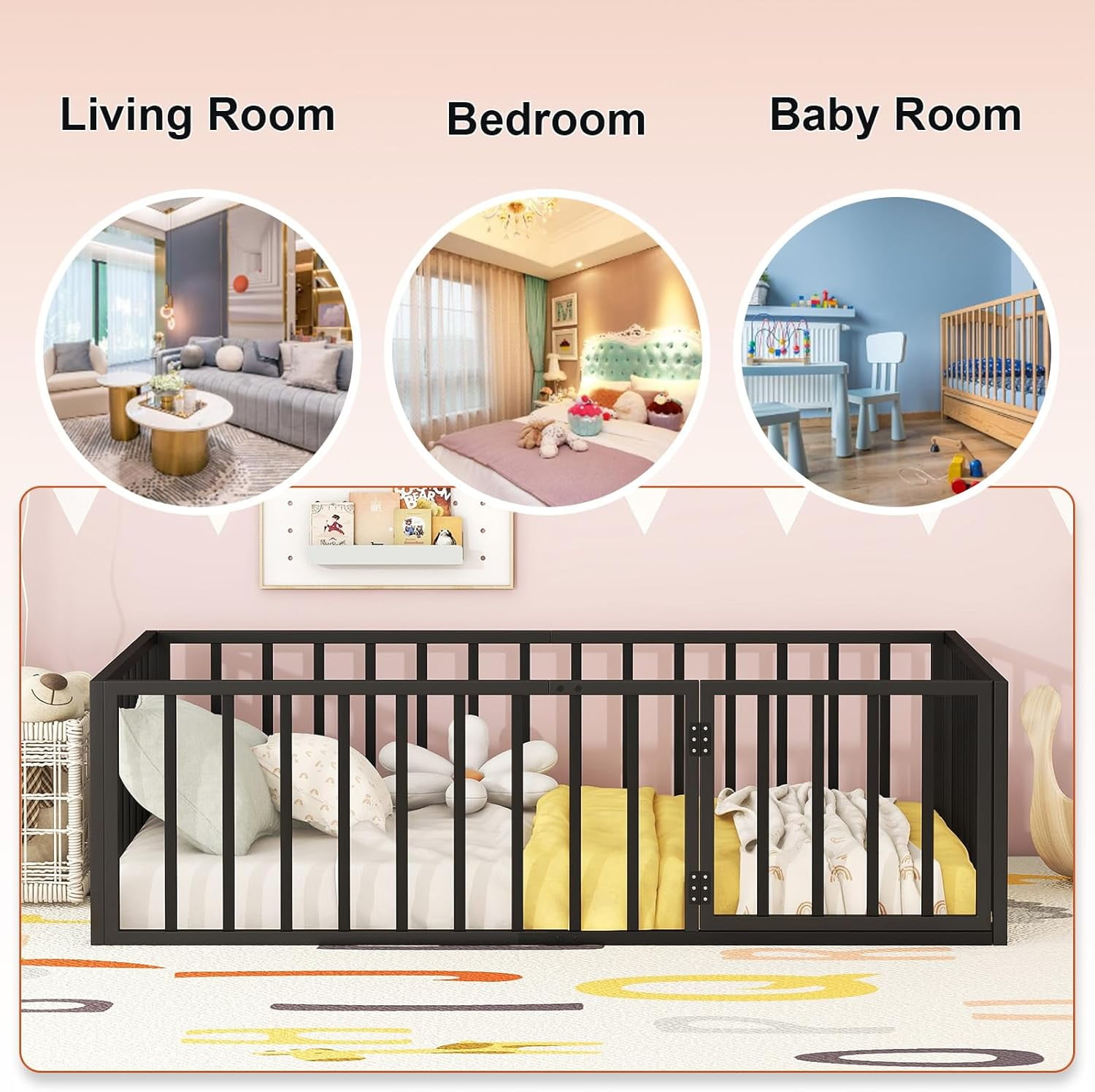 DreamBuck Twin Montessori Floor Bed with Safety Fence and Door, Metal Floor Bed Frame, Minimalist Versatile Floor Bed for Boys, Girls, Twin Bed Frame for room, Playroom