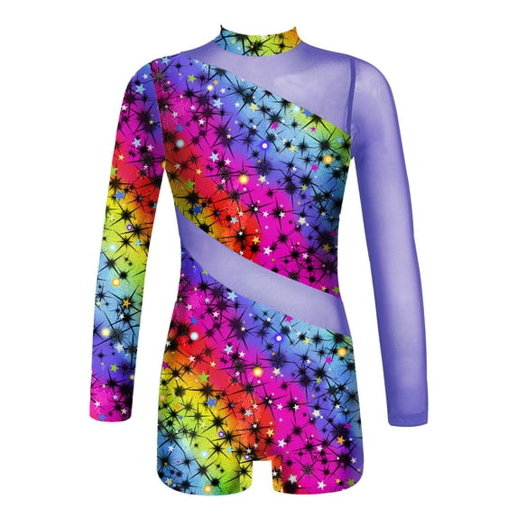 YONGHS Kids Girls Long Sleeve Gymnastics Leotard Ballet Dance Biketard Short Unitard Dancewear Starry Rainbow 16