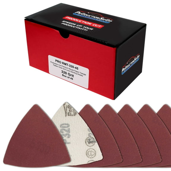 ProductionShop Premium 320 Grit Triangle Mouse Detail Sander Sandpaper Sheets, Box of 45 - Hook & Loop, Triangular Shaped Mouse Disc Pads - Oscillating Multi-Tools - Woodworking, Sand Furniture Paint