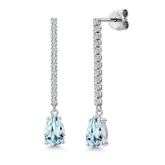 14K White Gold Sky Blue Aquamarine and White Lab Grown Diamond Long Liner Dangle Earrings for Women | 1.89 Cttw | Gemstone March Birthstone | Pear Shape 8X5MM | White Gold Chain Drop Earrings