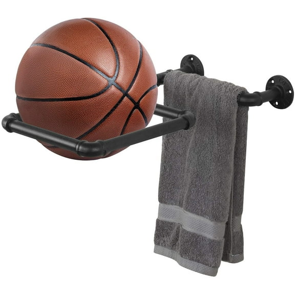 MyGift Wall-Mounted Black Industrial Pipe Home Gym Inflatable Yoga Balls Storage Rack