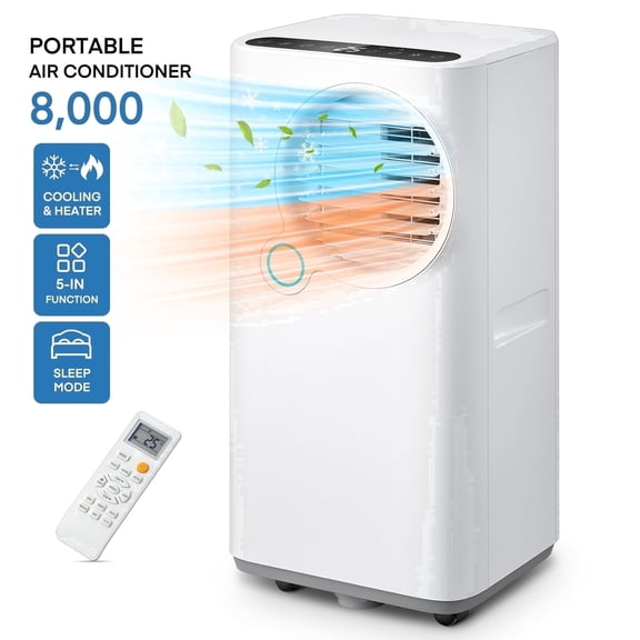 FOHERE 8000 BTU Portable Air Conditioner, 350 sq. ft. Coverage, 5-in-1 Heating & Cooling with Remote and Window Kit, White, for All-Season
