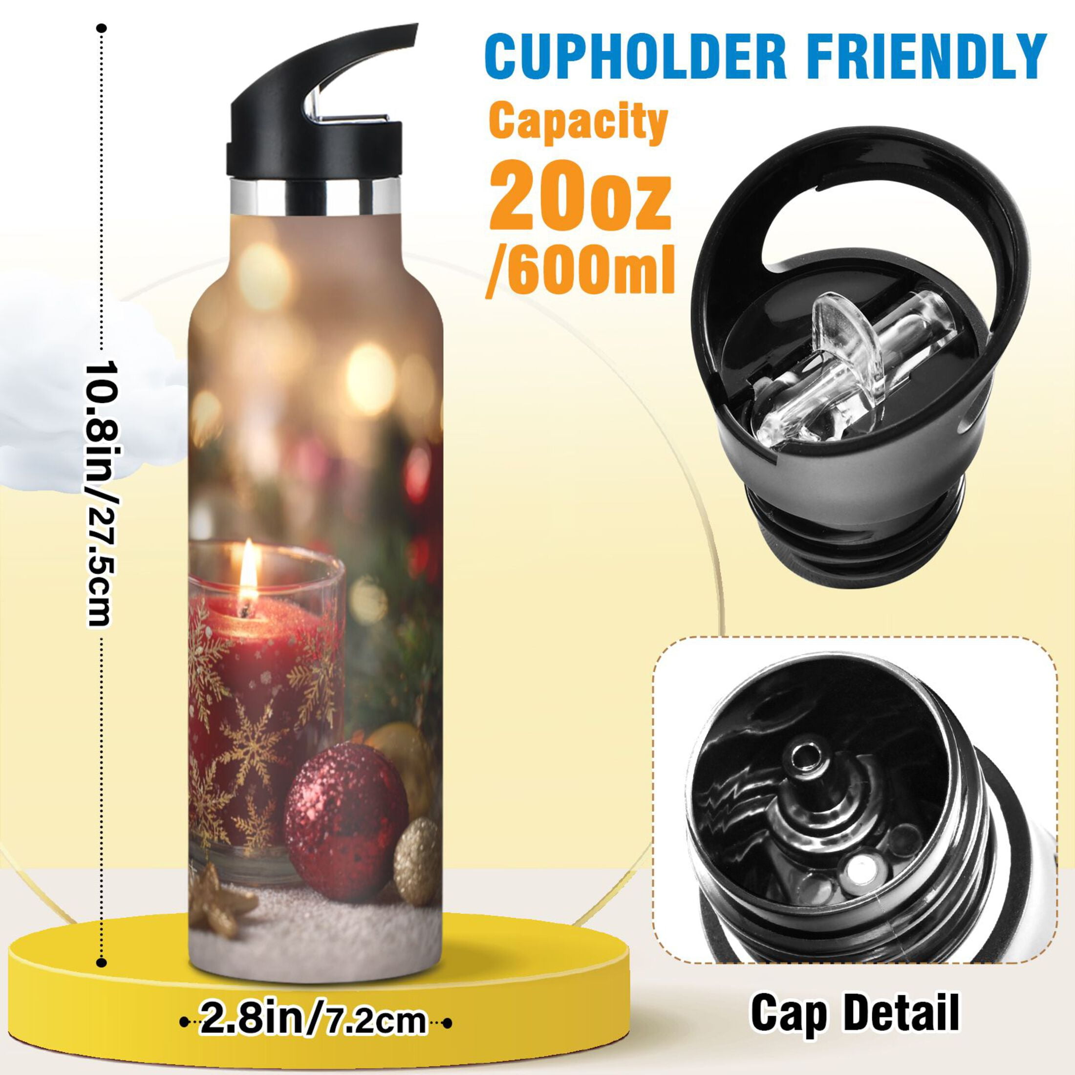Kids Insulated Stainless Steel Sports Water Bottle 600ml (20oz) Red and White Scented Candles Pattern