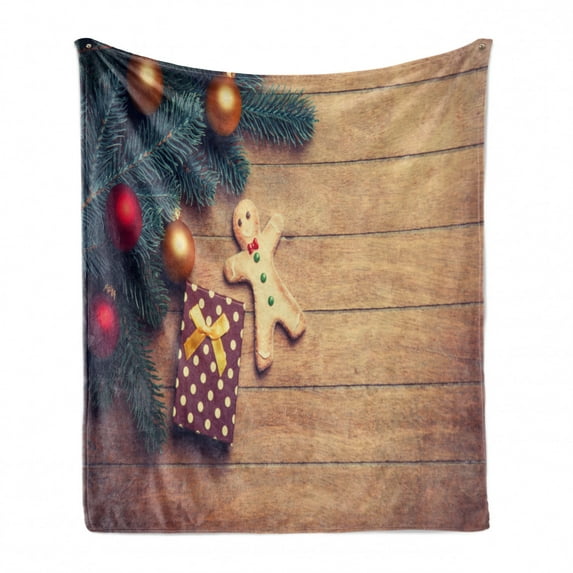 Gingerbread Man Soft Flannel Fleece Throw Blanket, Pine Branches Delicious Cookie and Present on Wood Planks, Cozy Plush for Indoor and Outdoor Use, 70" x 90", Hunter Green Pale Brown, by Ambesonne