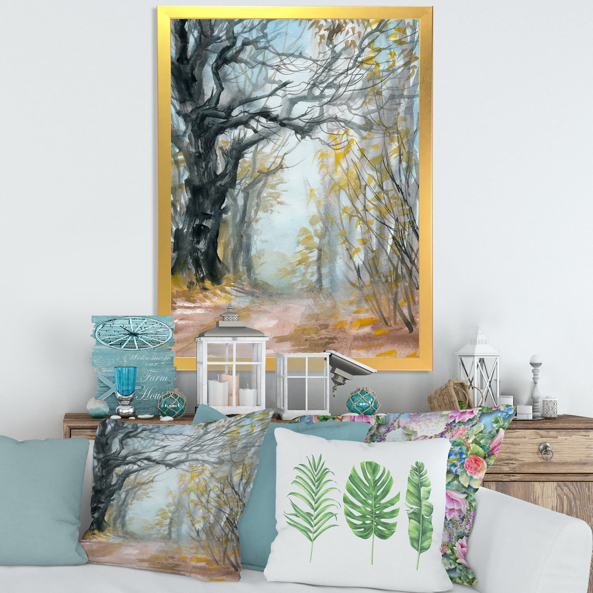 Designart 'Autumn in Misty Forest' Lake House Framed Art Print