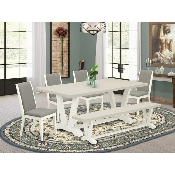 East West Furniture V027LA206-6 6-Piece Amazing Dining Room Table Set an Excellent Linen White Kitchen Rectangular Table Top and Linen White Kitchen Bench and 4 Stunning Linen Fabric Dining Room...