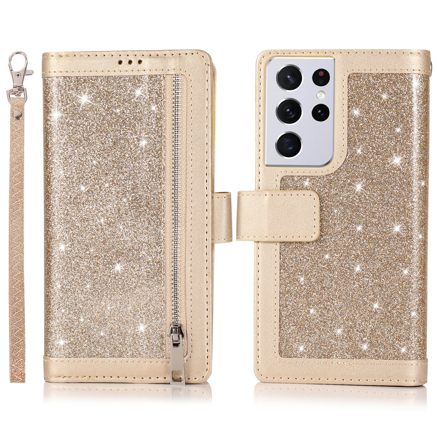 Galaxy S21 Ultra Wallet Case,Allytech Bling Flip Folio PU Leather Magnetic Kickstand Cell Phone Cover with Credit Card Holder,Zipper Pocket Wrist Strap for Samsung Galaxy S21 Ultra 5G 6.8 Inch, Gold - image 1 of 7