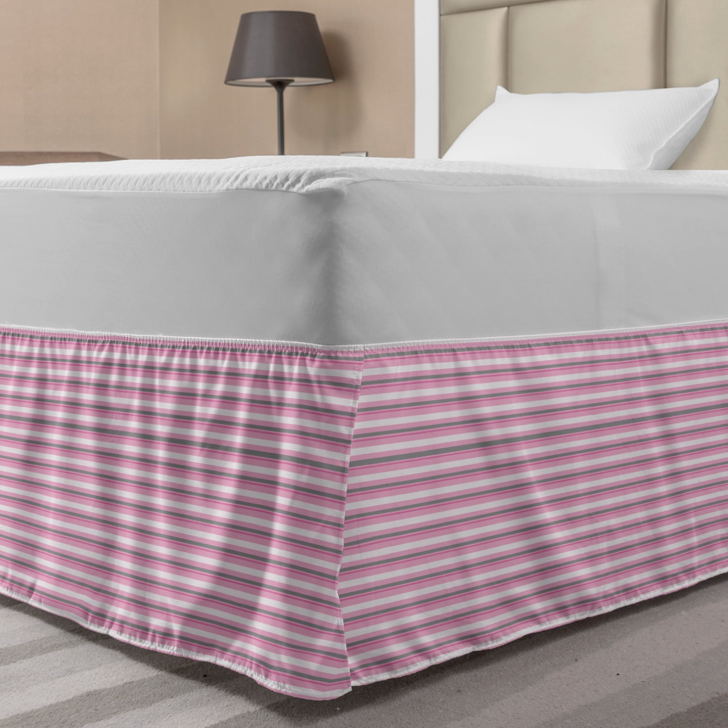 Geometric Bed Skirt, Striped Pattern with Pink Tones Thick and Tiny
