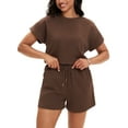 thumbnail image 1 of Conjunto de verano de 2 piezas para mujer ATHLECHIC, con camiseta de manga corta y pantalones cortos, color marrón, 1 of 1