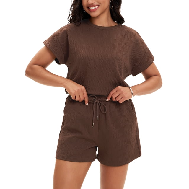 Conjunto de verano de 2 piezas para mujer ATHLECHIC, con camiseta de manga corta y pantalones cortos, color marrón